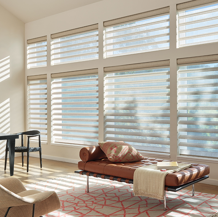 a living room filled with furniture and windows covered in blinds