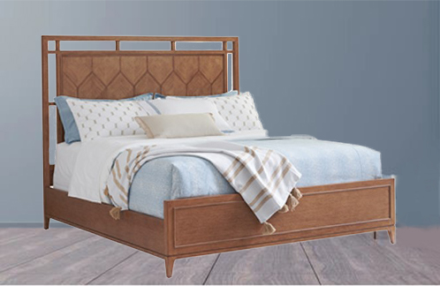 a bed with a wooden headboard and foot board