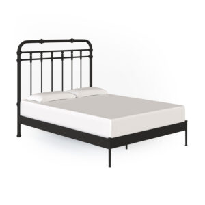 a bed with a black frame and white sheets