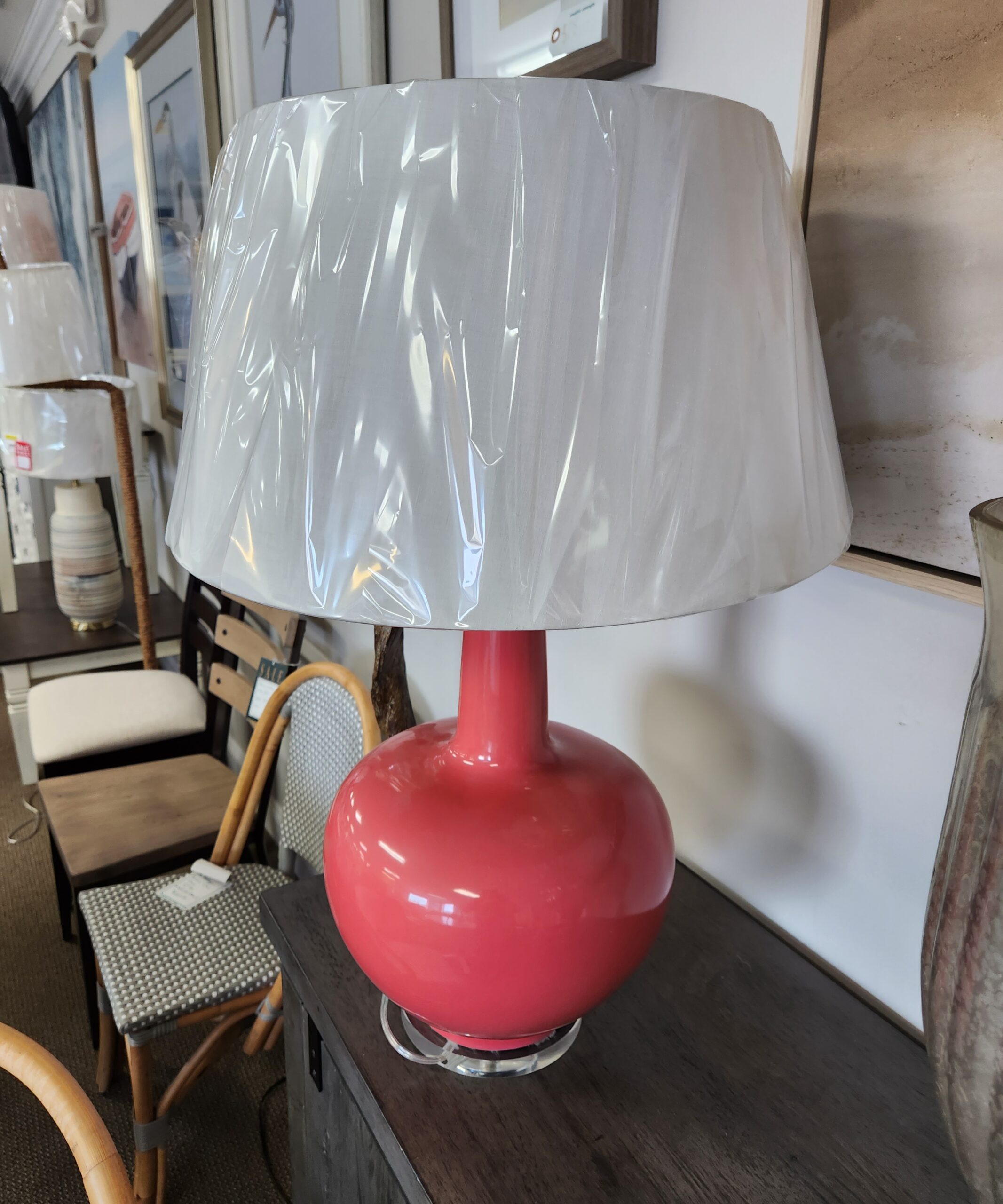 a red light lamp that is on a table