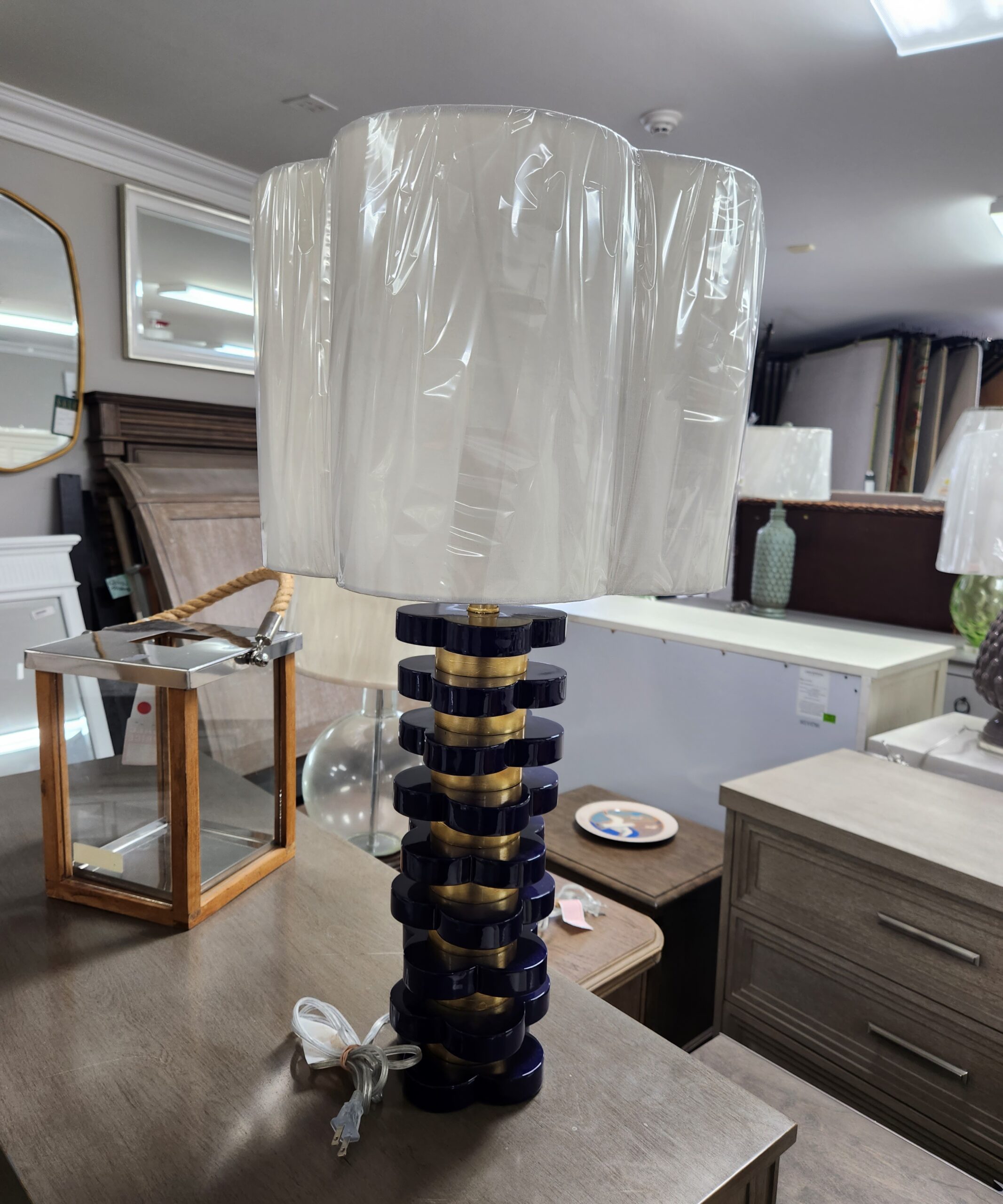 an indigo lamp on a table