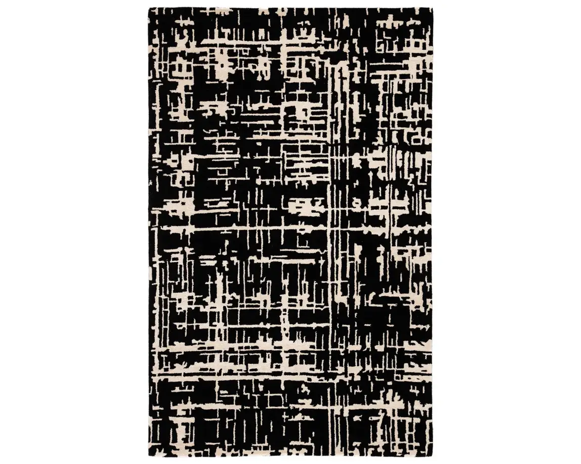 a black and white rug with lines on it