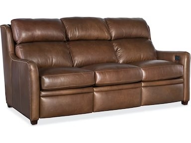 a brown leather couch with two reclining seats